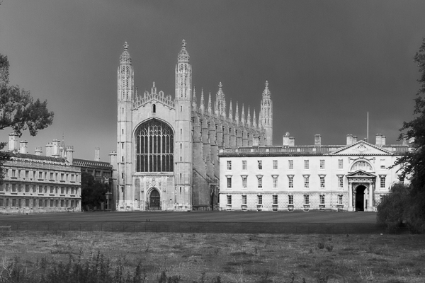 Black and White photo of King's College Capel, Cambridge. From the Backs.